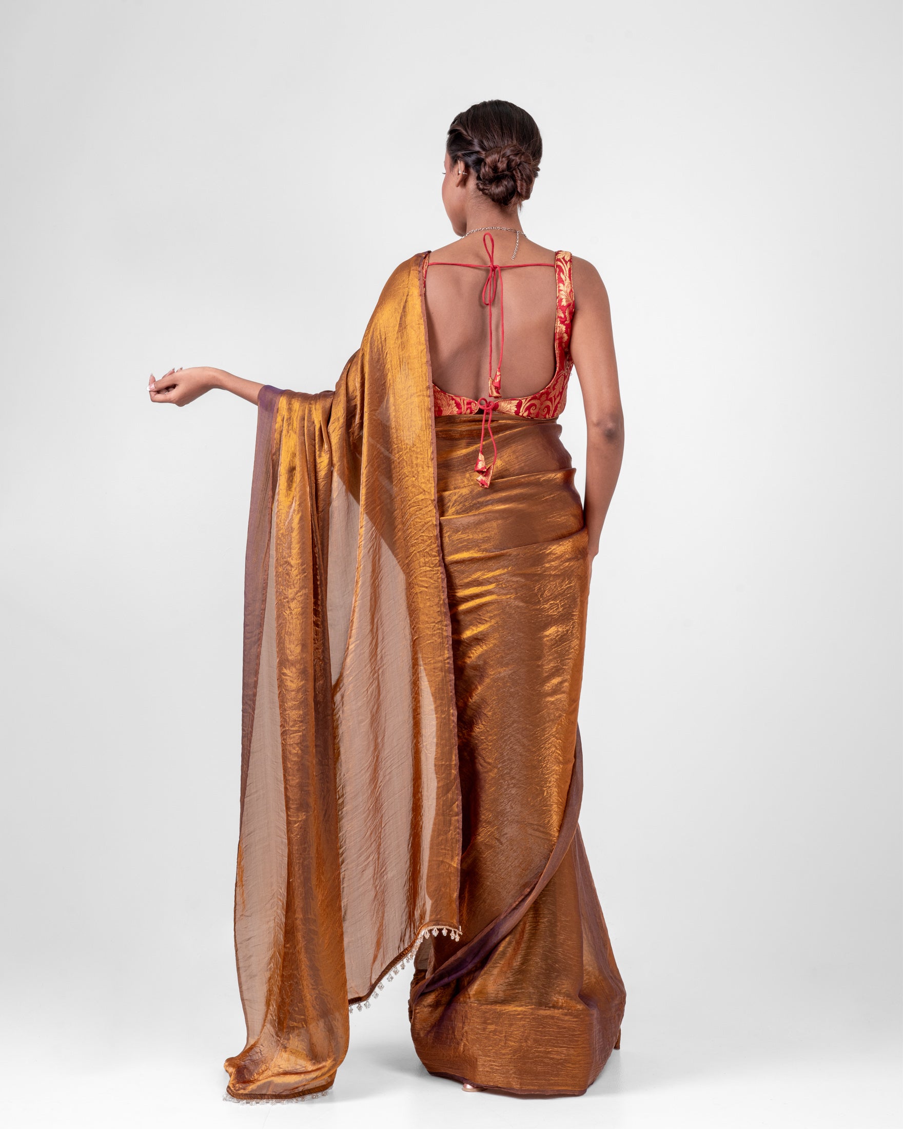 Antique Bronze Fendi Satin Saree with Handcrafted Crystal Drop Lace and Matching Blouse Piece