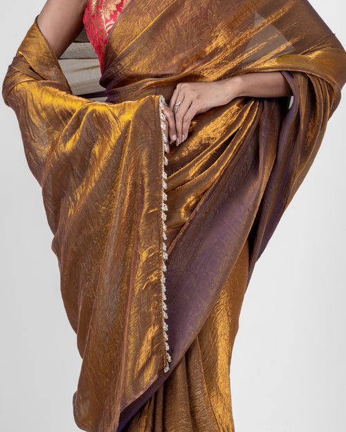 Antique Bronze Fendi Satin Saree with Handcrafted Crystal Drop Lace and Matching Blouse Piece