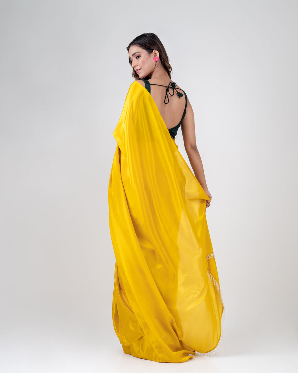 Sunshine Yellow Silk Blend Saree with Handcrafted Drop Lace and Matching Blouse Piece