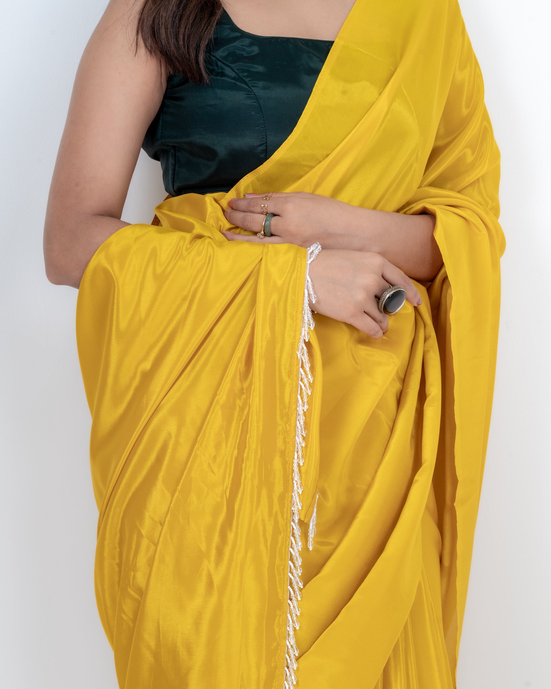 Sunshine Yellow Silk Blend Saree with Handcrafted Drop Lace and Matching Blouse Piece