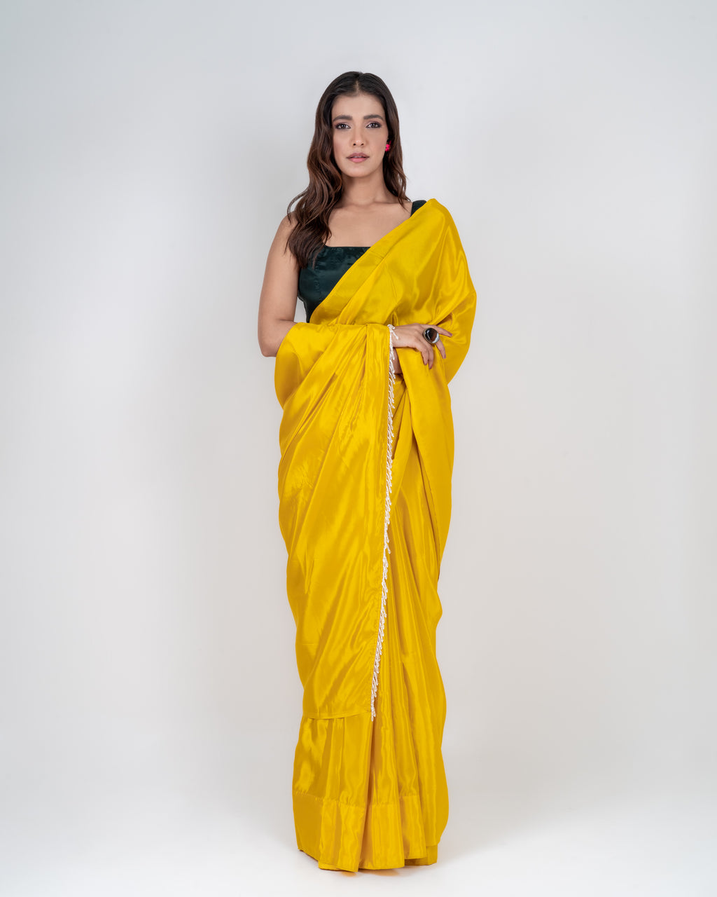 Sunshine Yellow Silk Blend Saree with Handcrafted Drop Lace and Matching Blouse Piece