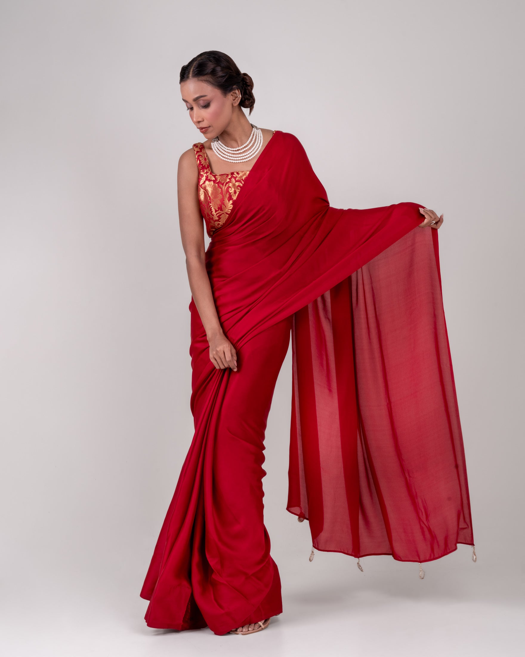 Classic Red Satin Saree with Handcrafted Mirror Tassels and Matching Satin Blouse Piece