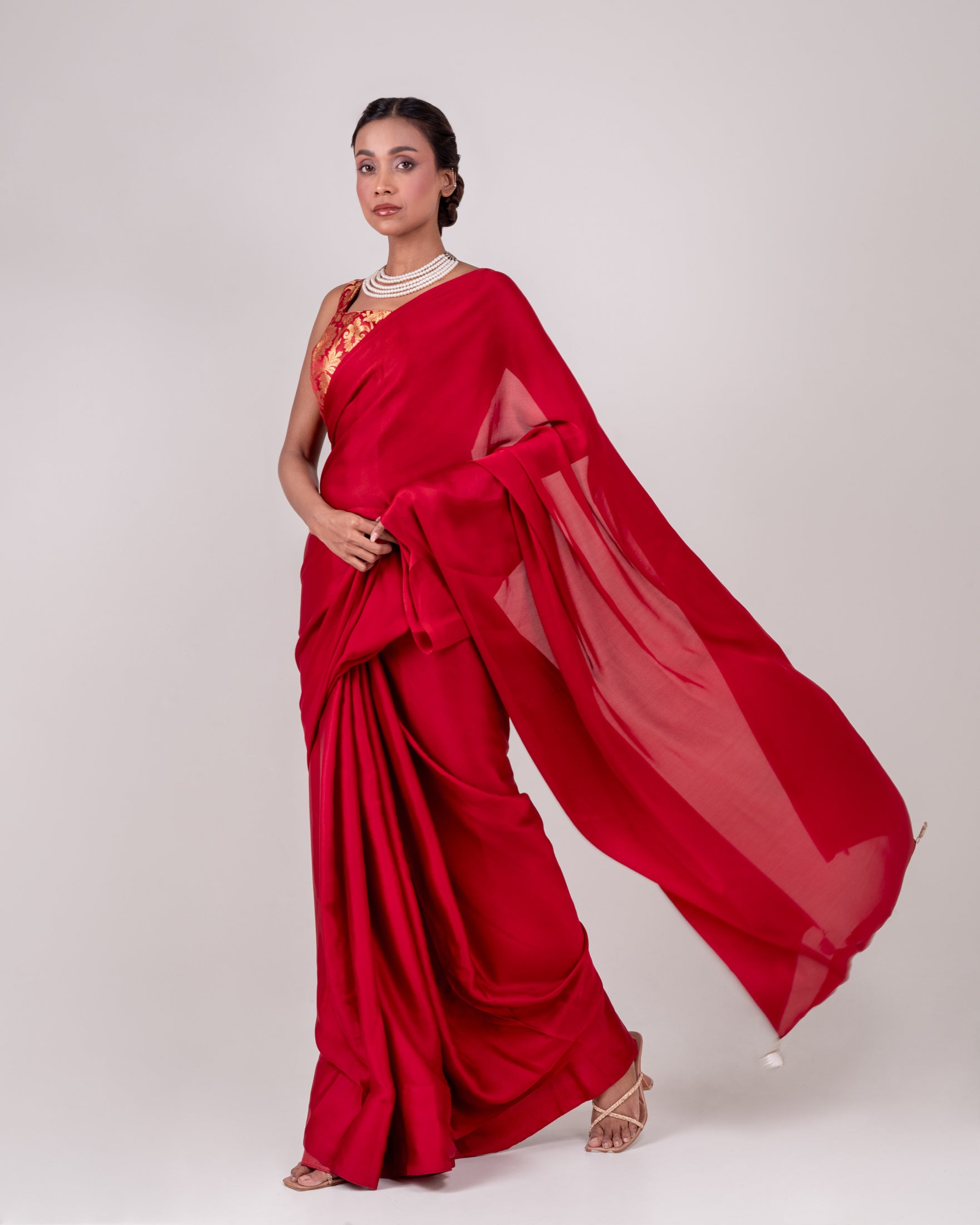 Classic Red Satin Saree with Handcrafted Mirror Tassels and Matching Satin Blouse Piece