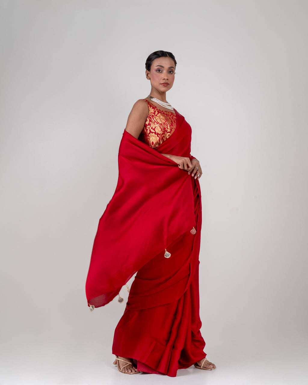 Classic Red Satin Saree with Handcrafted Mirror Tassels and Matching Satin Blouse Piece