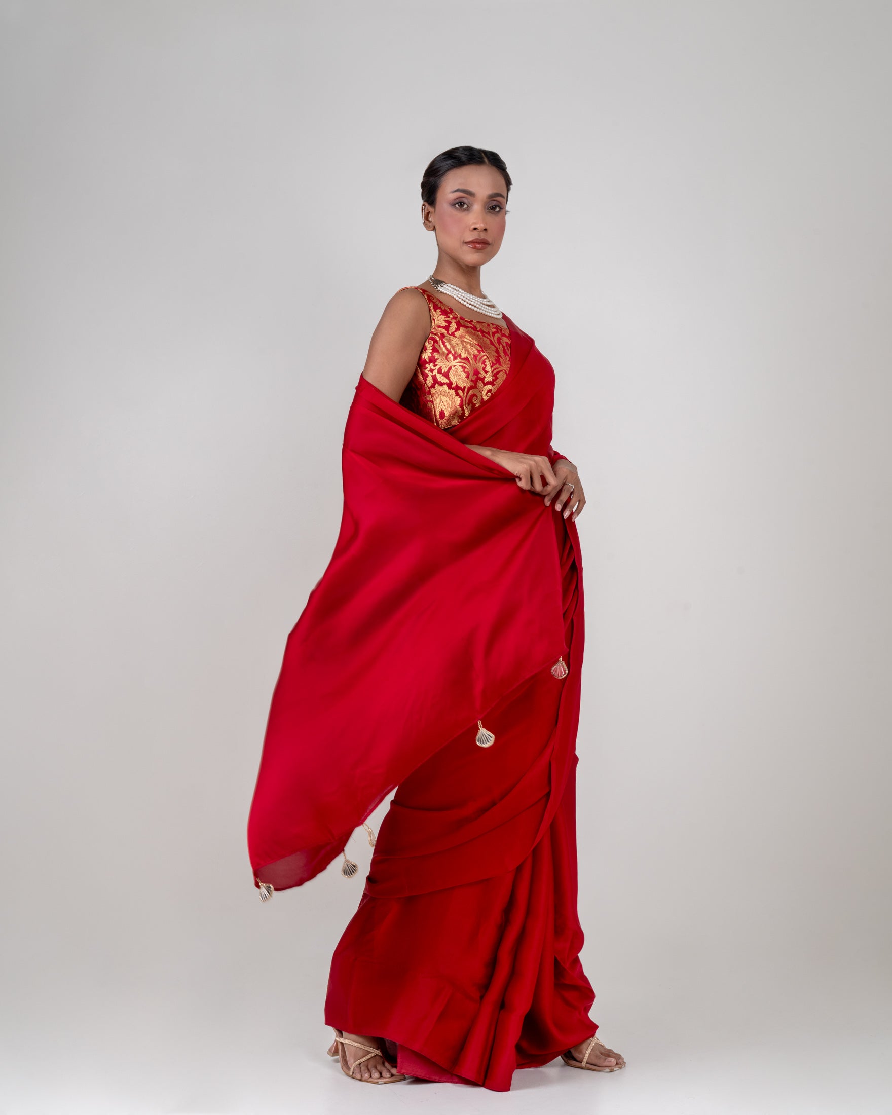Classic Red Satin Saree with Handcrafted Mirror Tassels and Matching Satin Blouse Piece