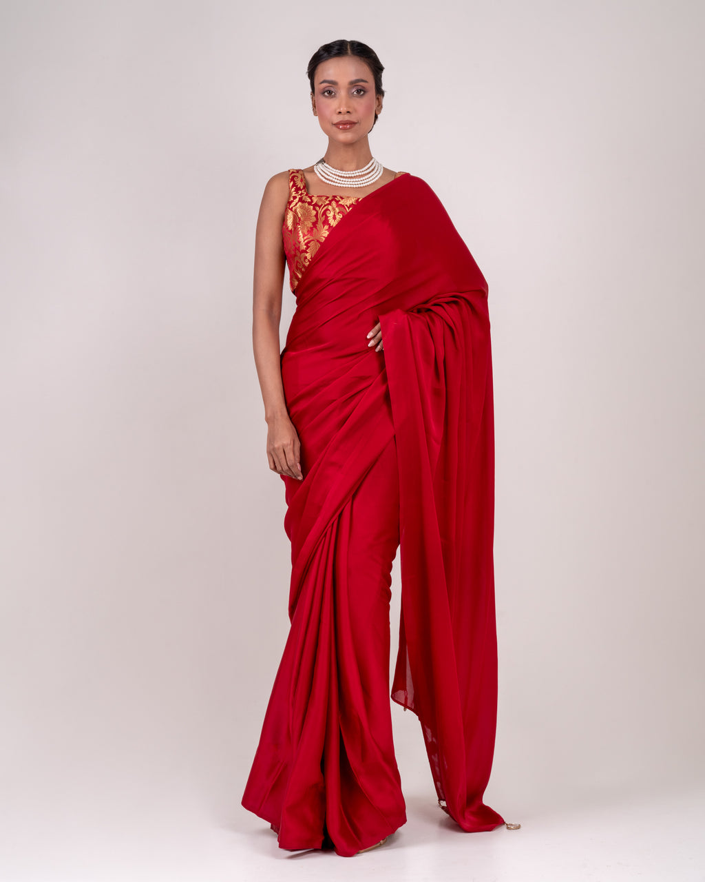 Classic Red Satin Saree with Handcrafted Mirror Tassels and Matching Satin Blouse Piece