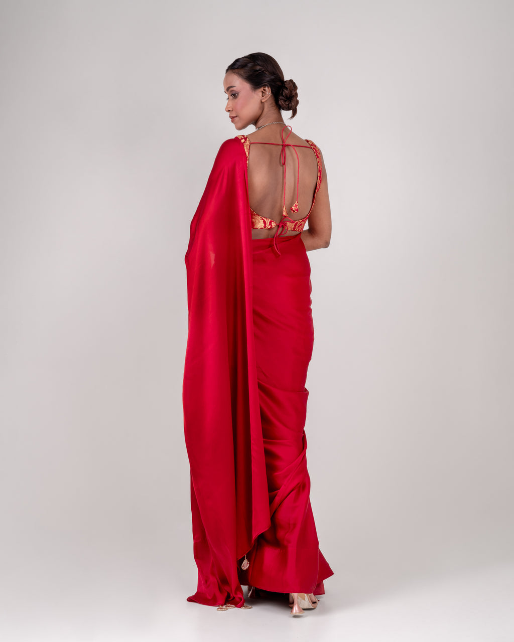 Classic Red Satin Saree with Handcrafted Mirror Tassels and Matching Satin Blouse Piece