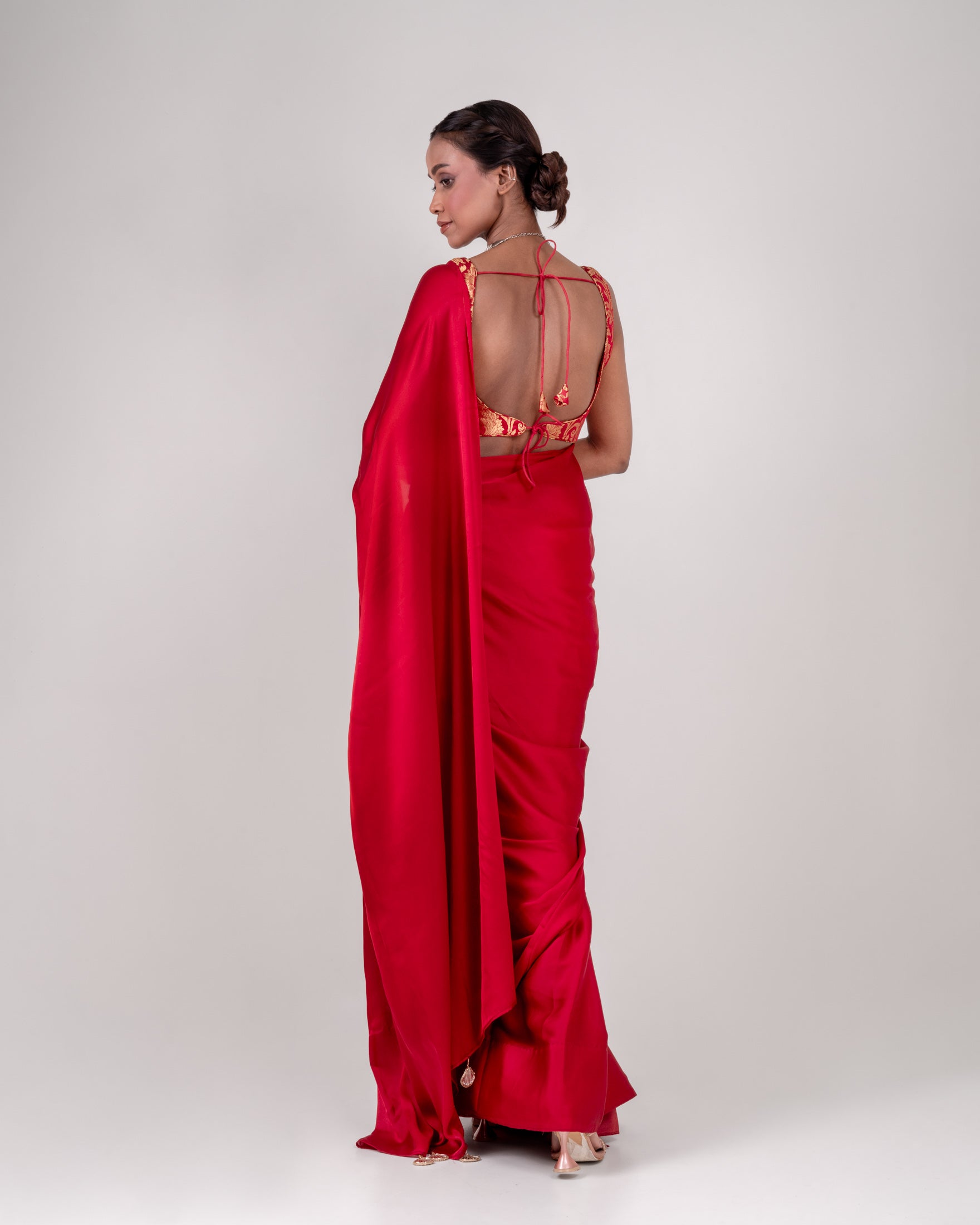 Classic Red Satin Saree with Handcrafted Mirror Tassels and Matching Satin Blouse Piece