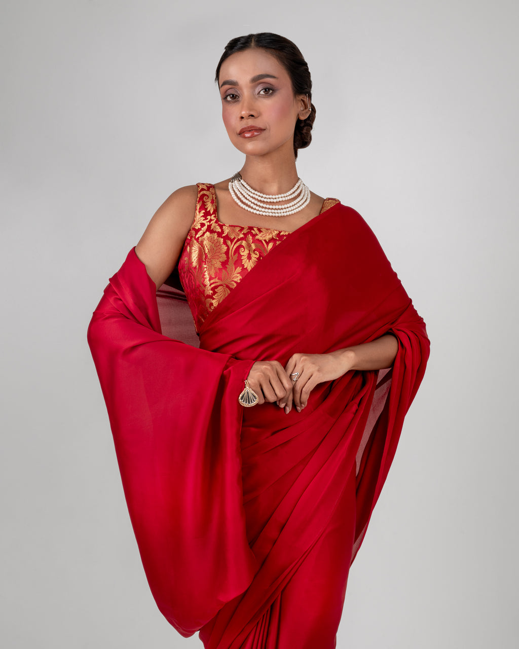 Classic Red Satin Saree with Handcrafted Mirror Tassels and Matching Satin Blouse Piece