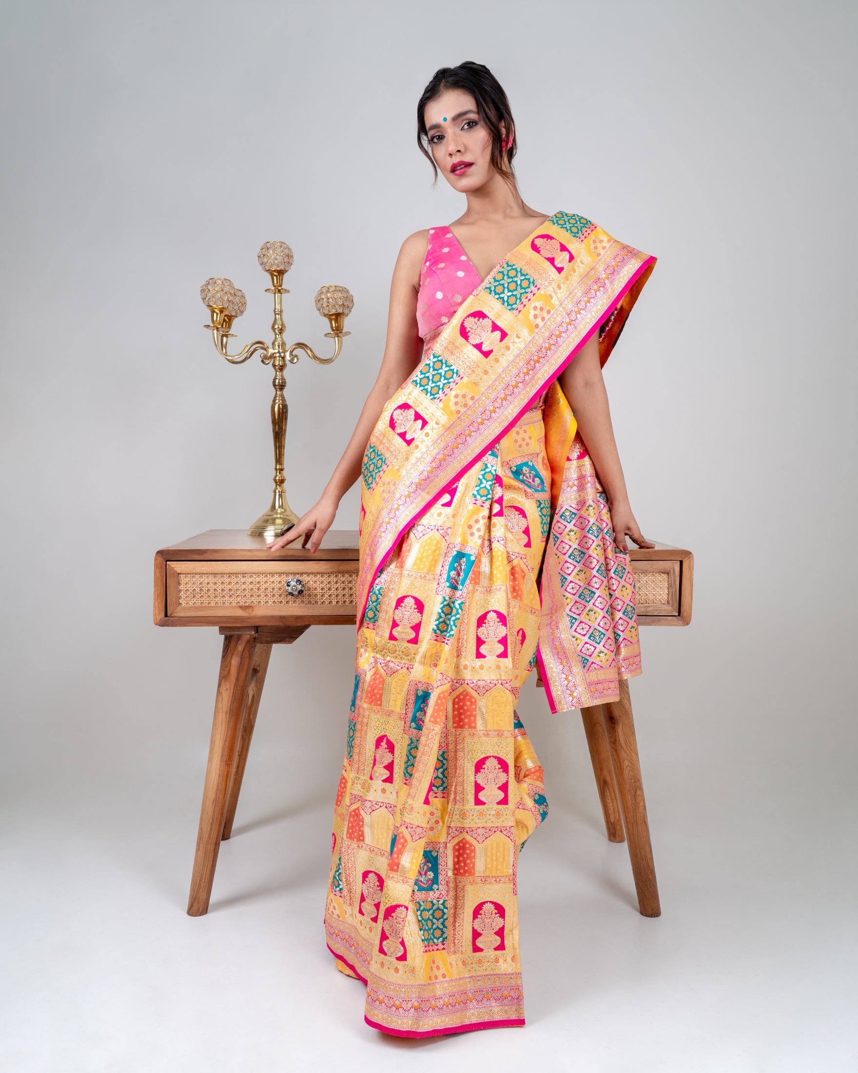 Sunlit Gold Banarasi Silk Saree with Heritage Woven Pallu and Matching Blouse Piece
