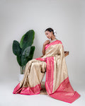 Champagne Gold Banarasi Silk Saree with Rani Pink Zari Border and Matching Blouse Piece