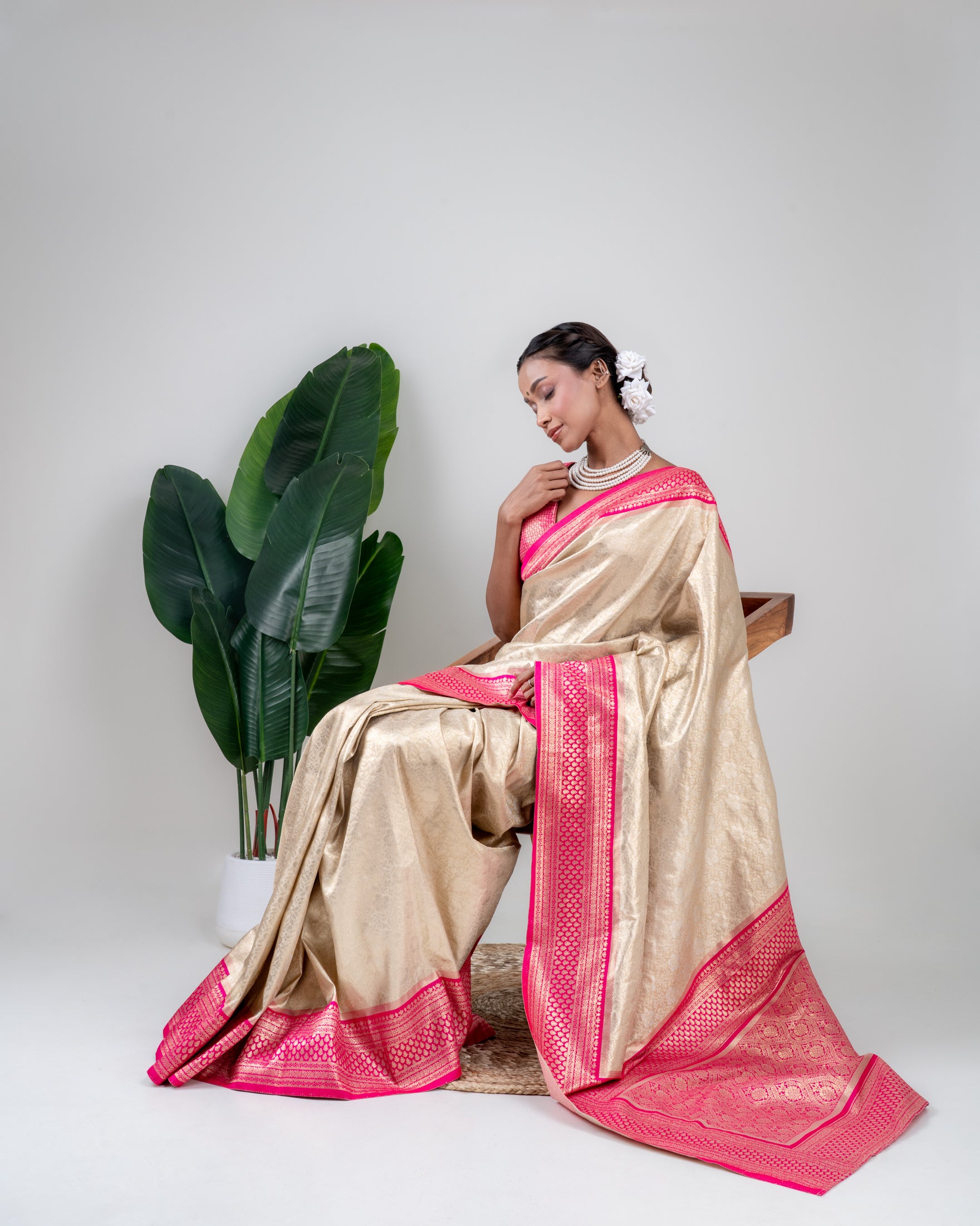 Champagne Gold Banarasi Silk Saree with Rani Pink Zari Border and Matching Blouse Piece