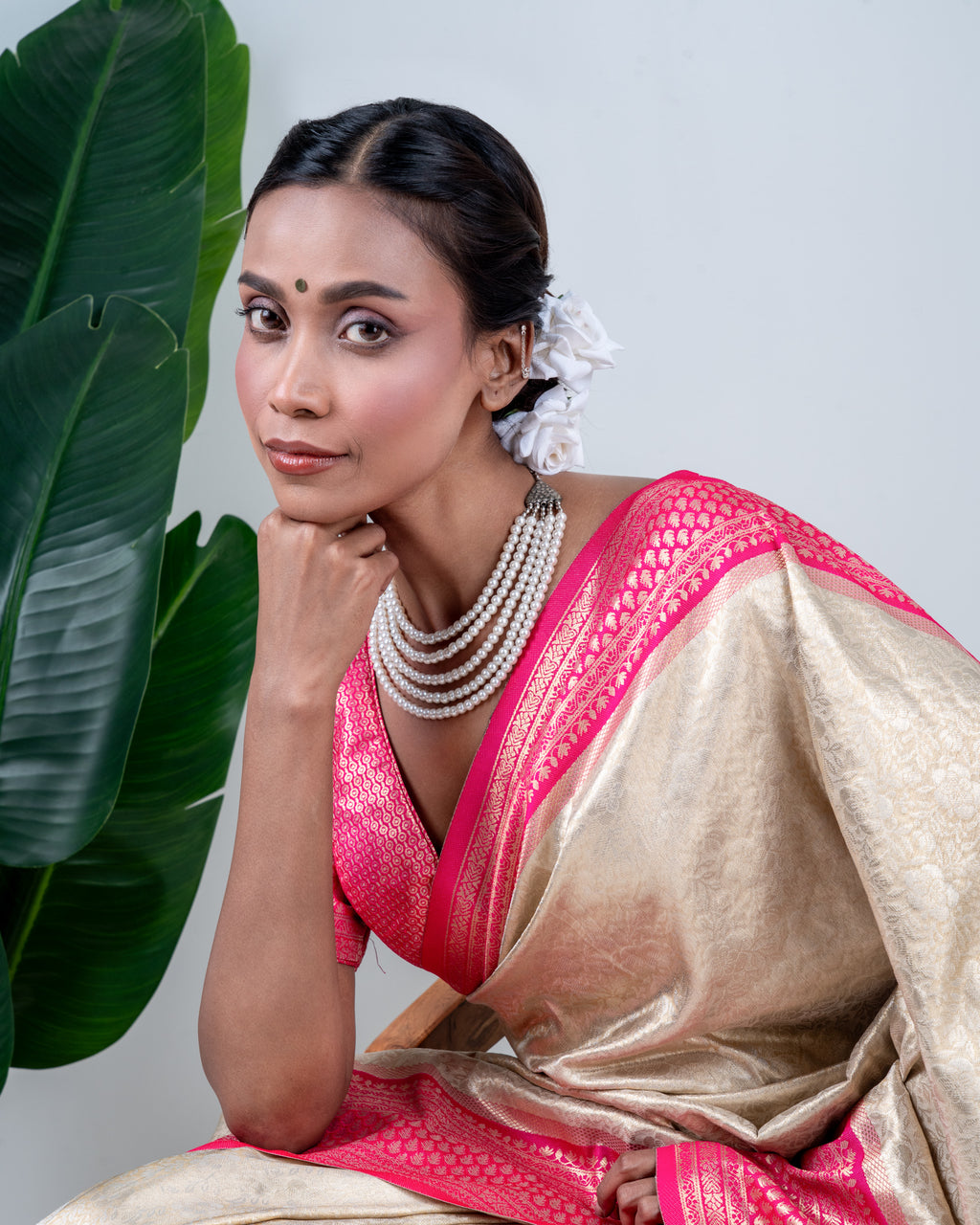 Champagne Gold Banarasi Silk Saree with Rani Pink Zari Border and Matching Blouse Piece
