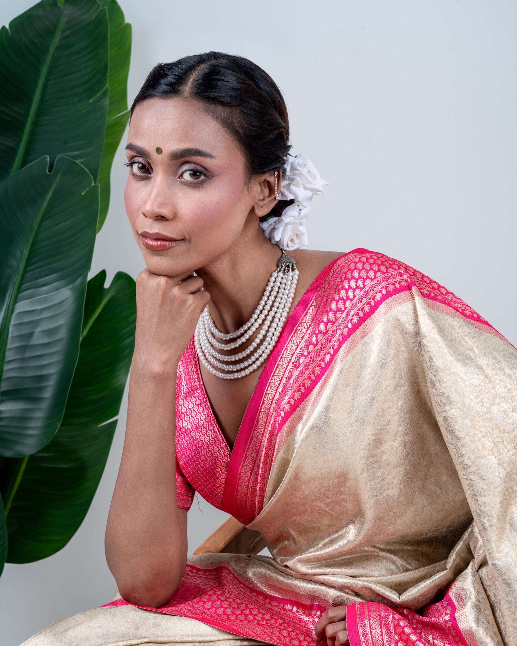 Champagne Gold Banarasi Silk Saree with Rani Pink Zari Border and Matching Blouse Piece