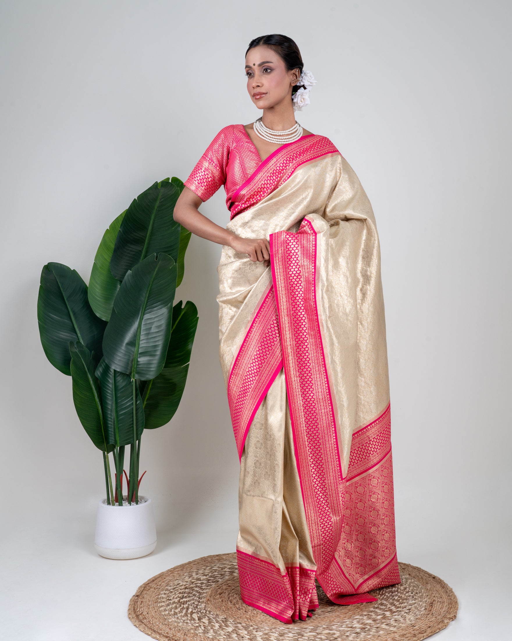 Champagne Gold Banarasi Silk Saree with Rani Pink Zari Border and Matching Blouse Piece