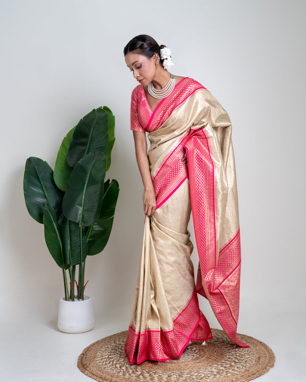 Champagne Gold Banarasi Silk Saree with Rani Pink Zari Border and Matching Blouse Piece