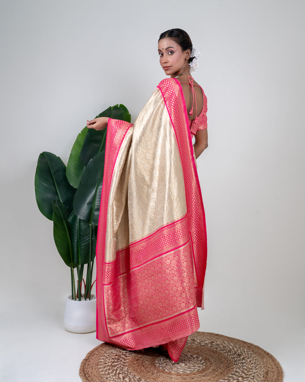 Champagne Gold Banarasi Silk Saree with Rani Pink Zari Border and Matching Blouse Piece