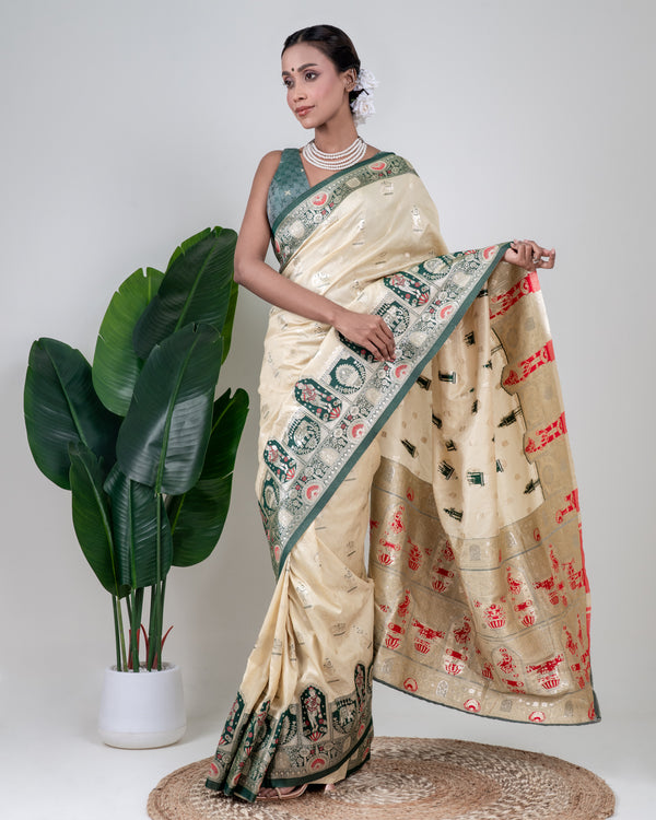 Royal Ivory Banarasi Silk Saree with Heritage Woven Temple Pallu and Matching Blouse Piece | Fall & Pico Ready
