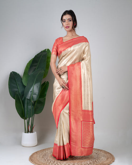 Champagne Gold Banarasi Silk Saree with Coral Zari Border and Matching Blouse Piece