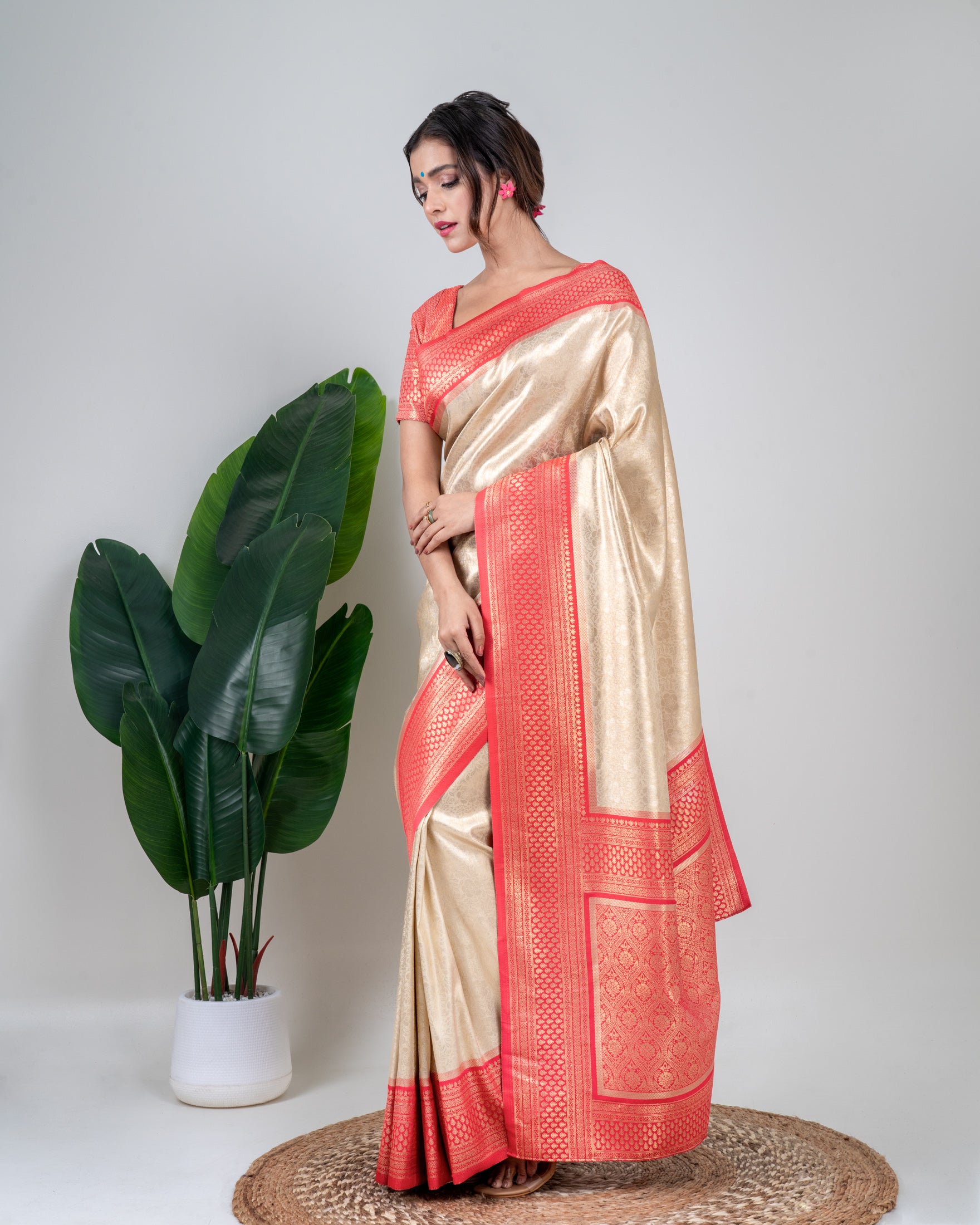 Champagne Gold Banarasi Silk Saree with Coral Zari Border and Matching Blouse Piece