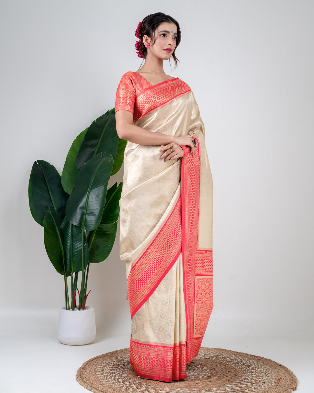 Champagne Gold Banarasi Silk Saree with Coral Zari Border and Matching Blouse Piece