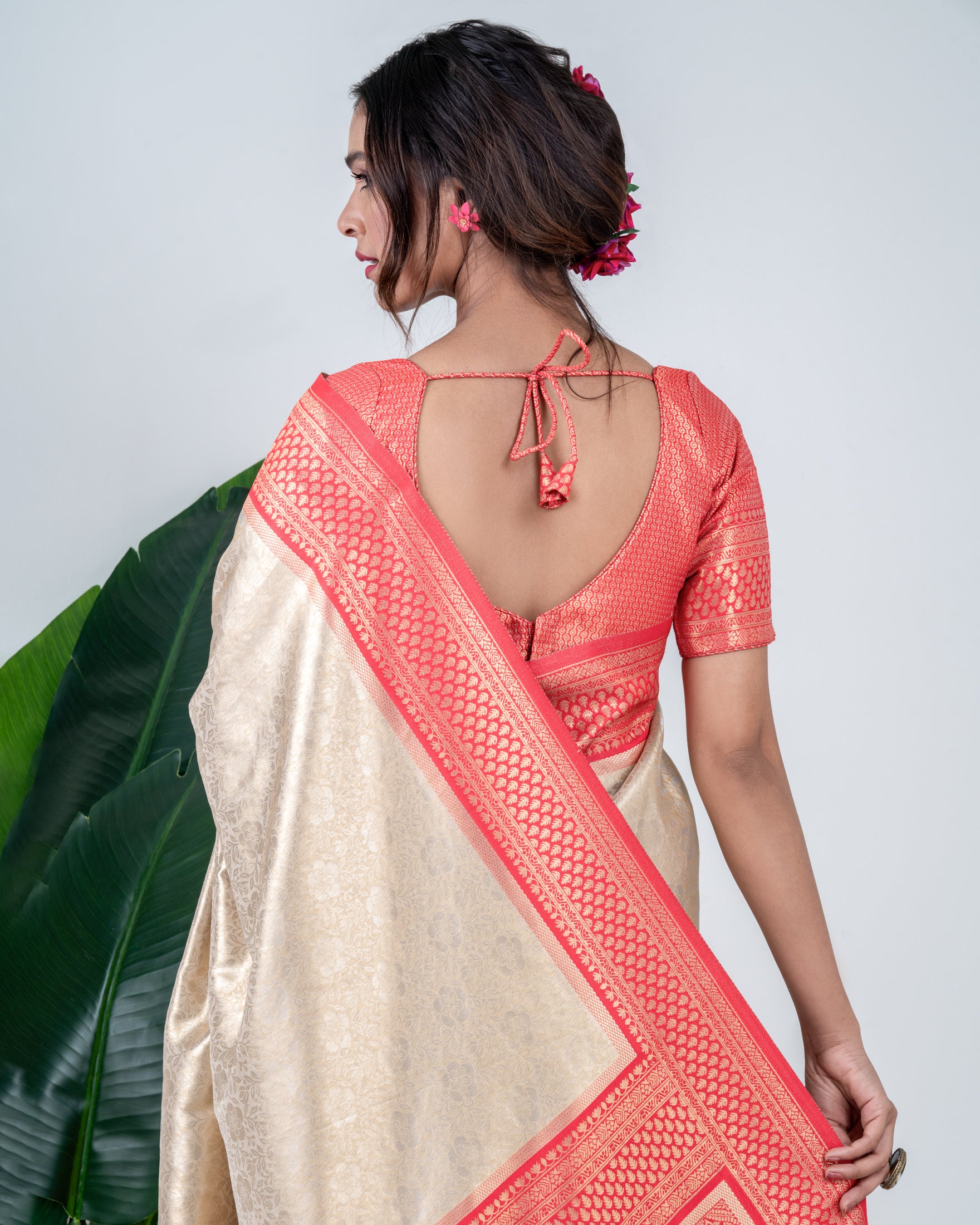 Champagne Gold Banarasi Silk Saree with Coral Zari Border and Matching Blouse Piece