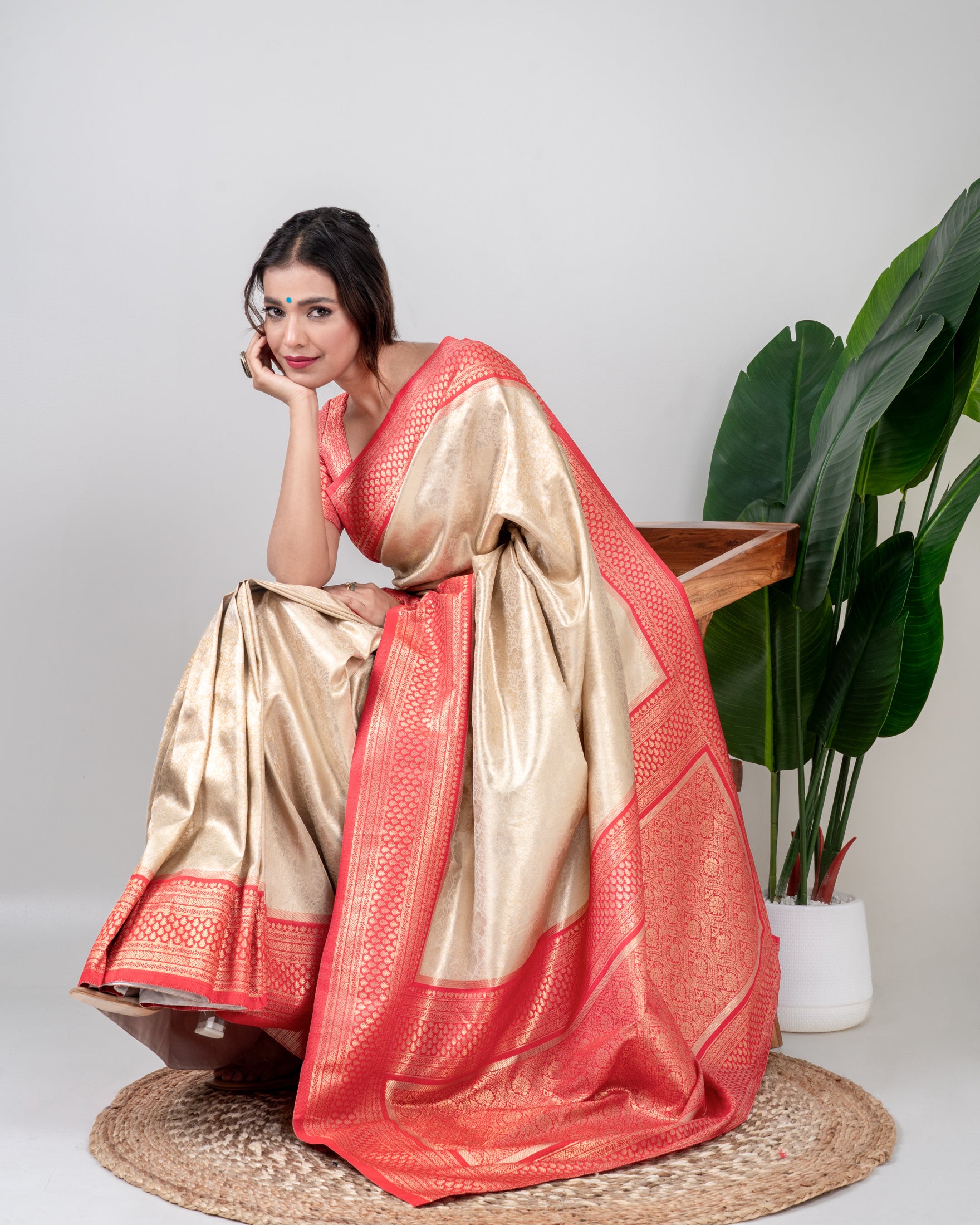 Champagne Gold Banarasi Silk Saree with Coral Zari Border and Matching Blouse Piece
