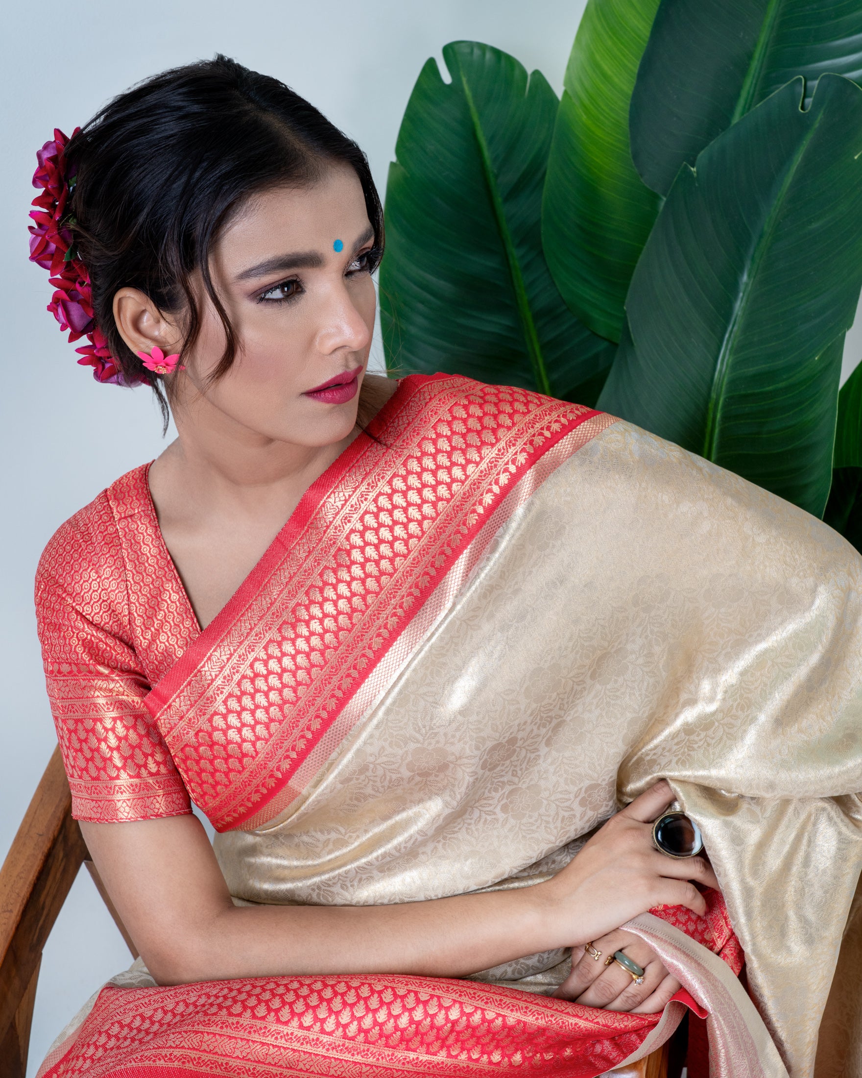 Champagne Gold Banarasi Silk Saree with Coral Zari Border and Matching Blouse Piece