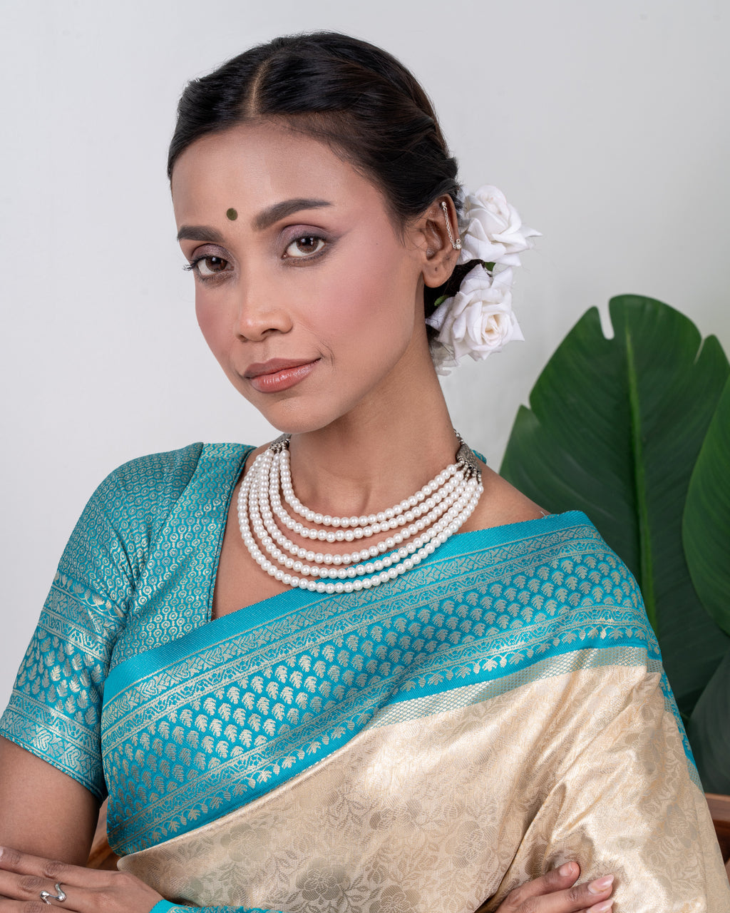 Champagne Gold Banarasi Silk Saree with Aqua Blue Zari Border and Matching Blouse Piece