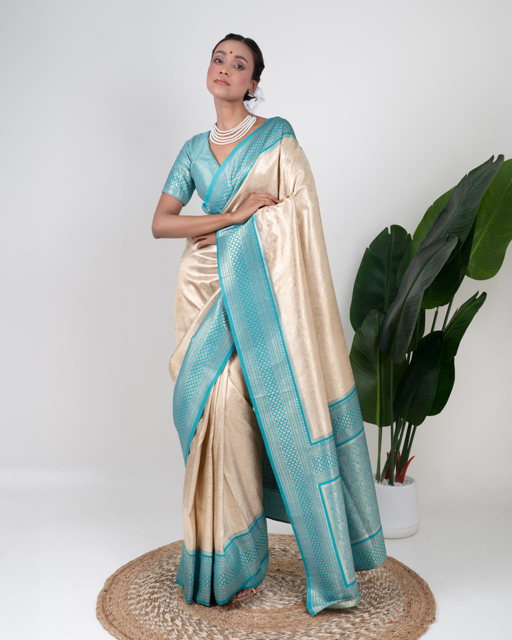 Champagne Gold Banarasi Silk Saree with Aqua Blue Zari Border and Matching Blouse Piece