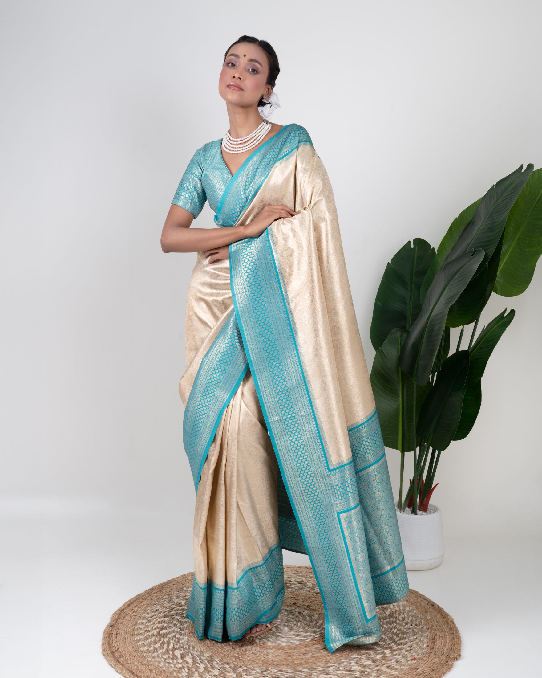 Champagne Gold Banarasi Silk Saree with Aqua Blue Zari Border and Matching Blouse Piece