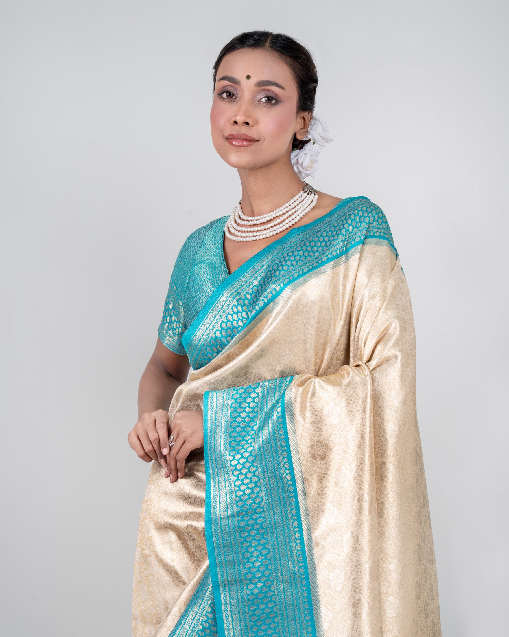 Champagne Gold Banarasi Silk Saree with Aqua Blue Zari Border and Matching Blouse Piece