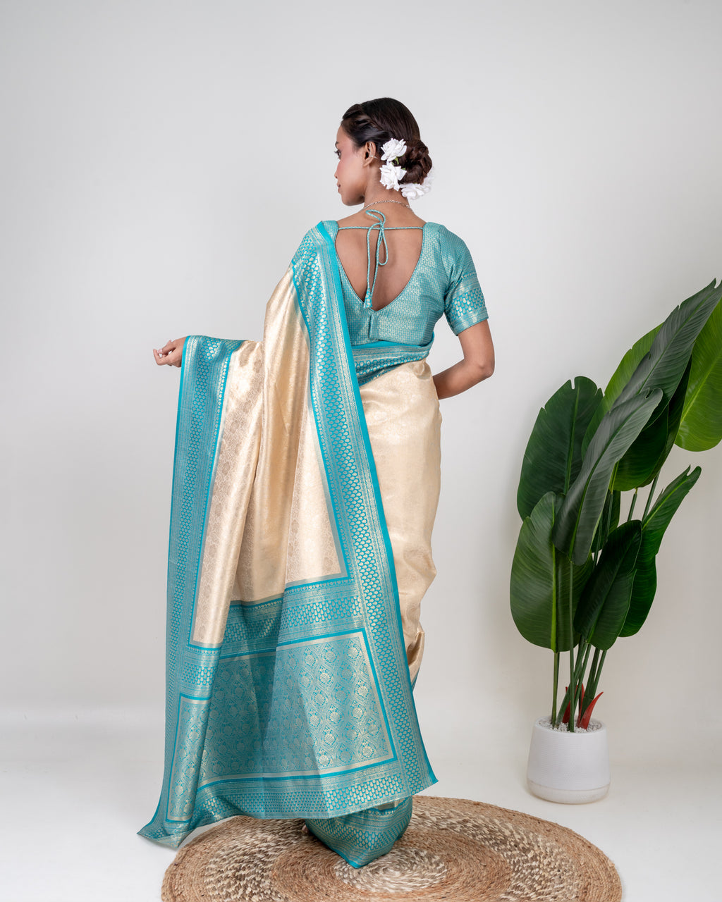 Champagne Gold Banarasi Silk Saree with Aqua Blue Zari Border and Matching Blouse Piece