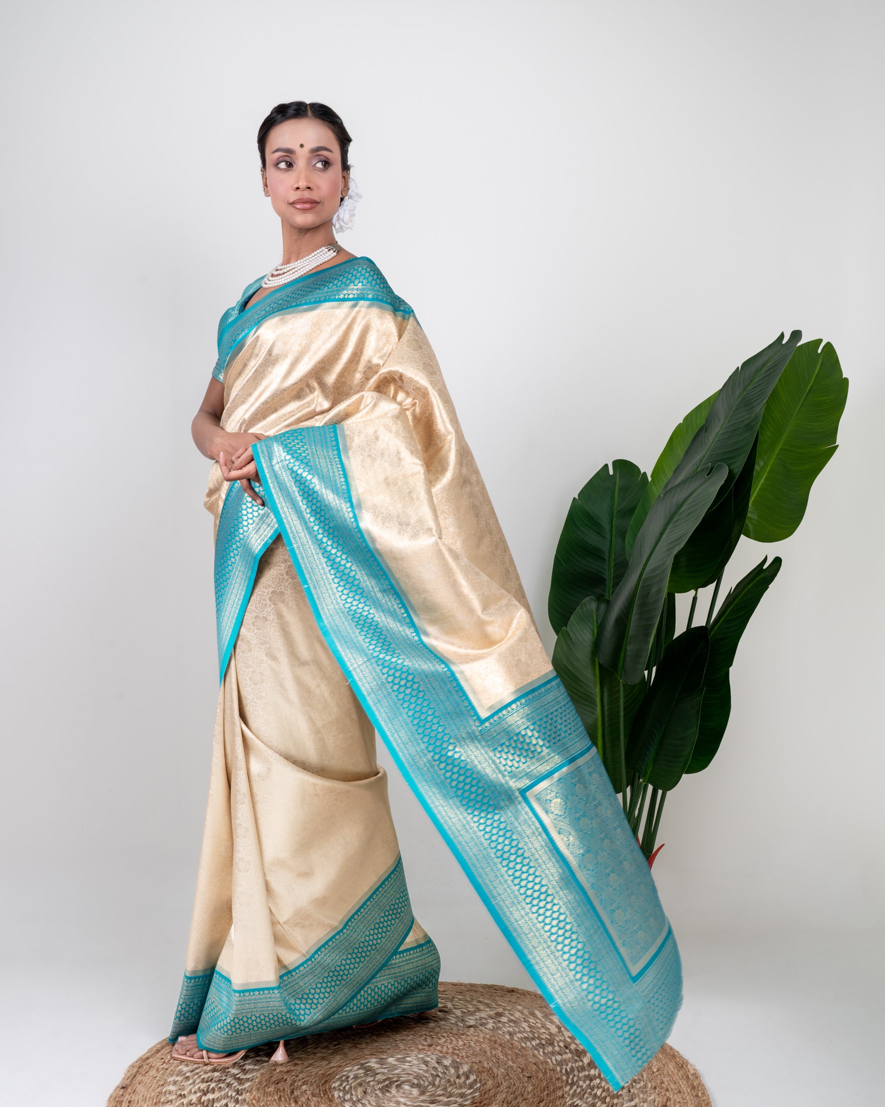 Champagne Gold Banarasi Silk Saree with Aqua Blue Zari Border and Matching Blouse Piece