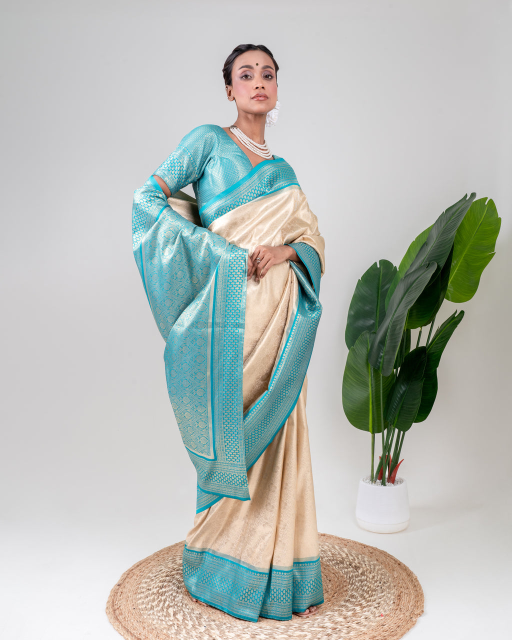 Champagne Gold Banarasi Silk Saree with Aqua Blue Zari Border and Matching Blouse Piece