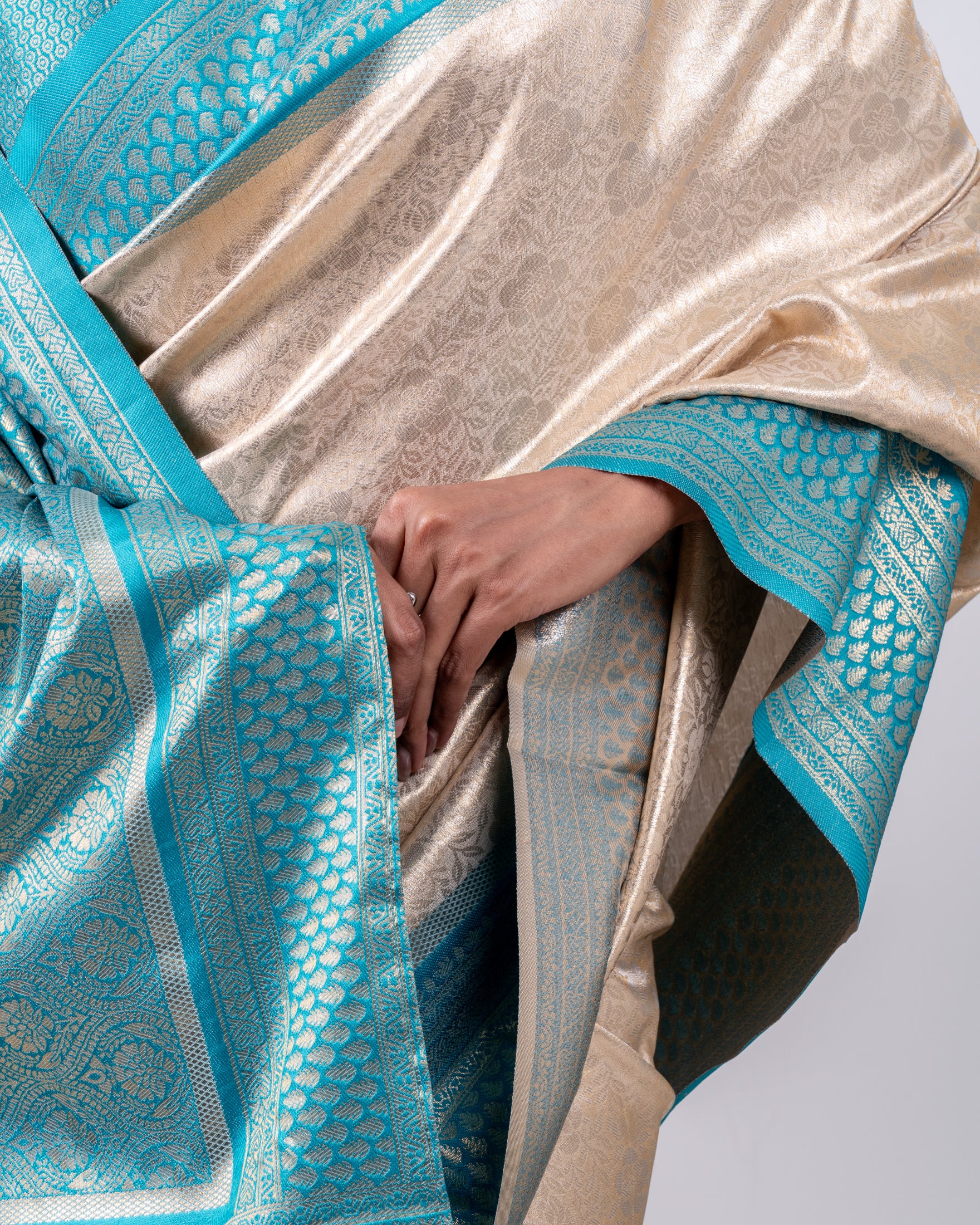 Champagne Gold Banarasi Silk Saree with Aqua Blue Zari Border and Matching Blouse Piece