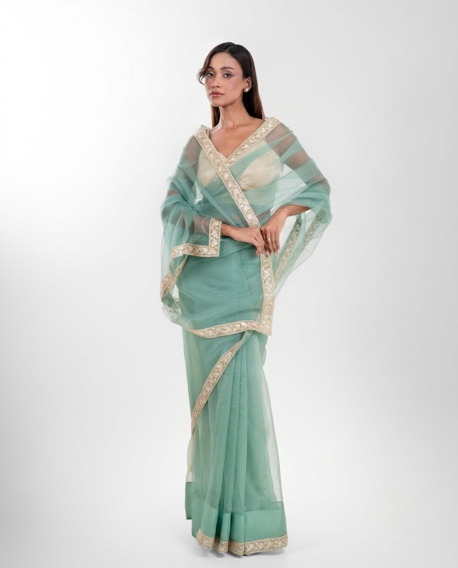 Sea Green Organza Saree with Floral Embroidered Lace Border and Matching Organza Blouse Piece