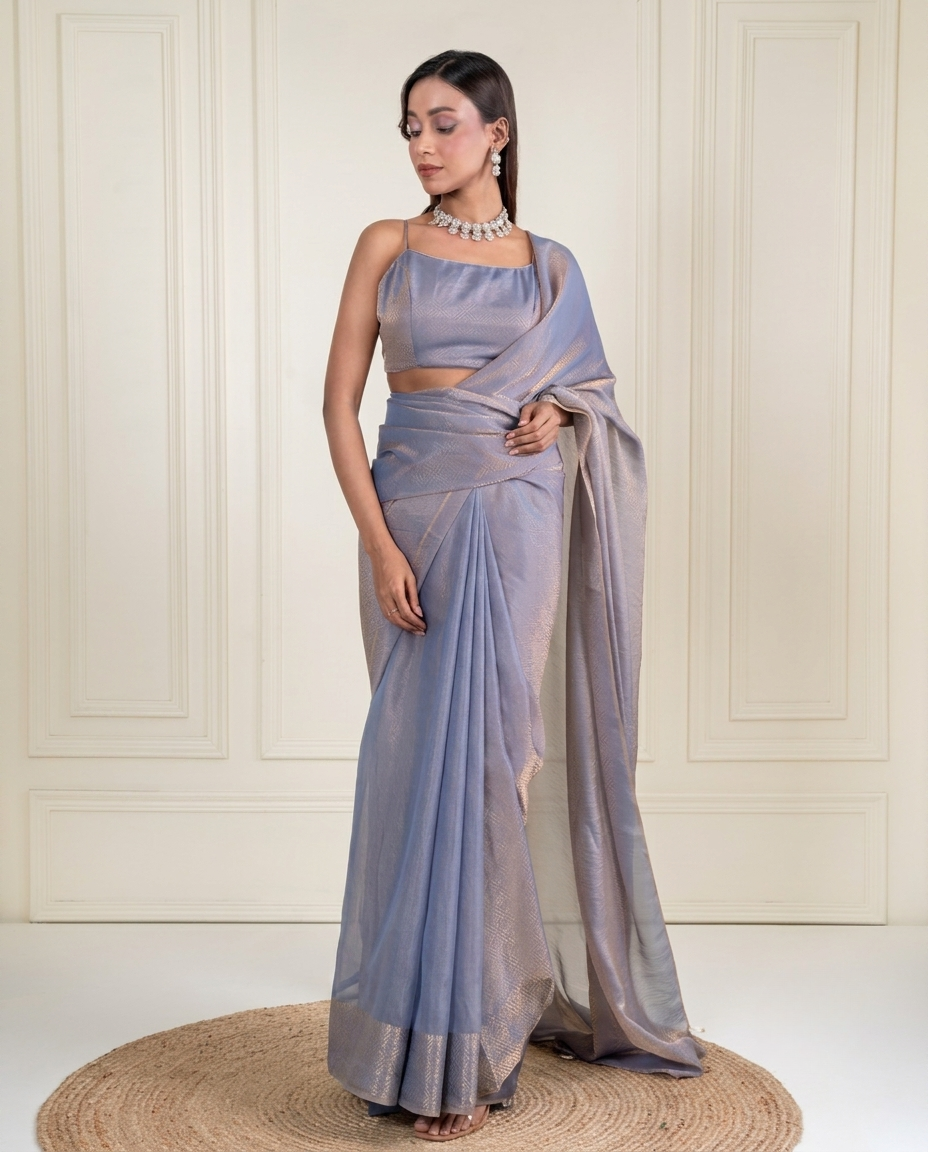 Steel Blue Fendi Satin Woven Zari Saree with Pearl Tassel Pallu and Matching Blouse Piece