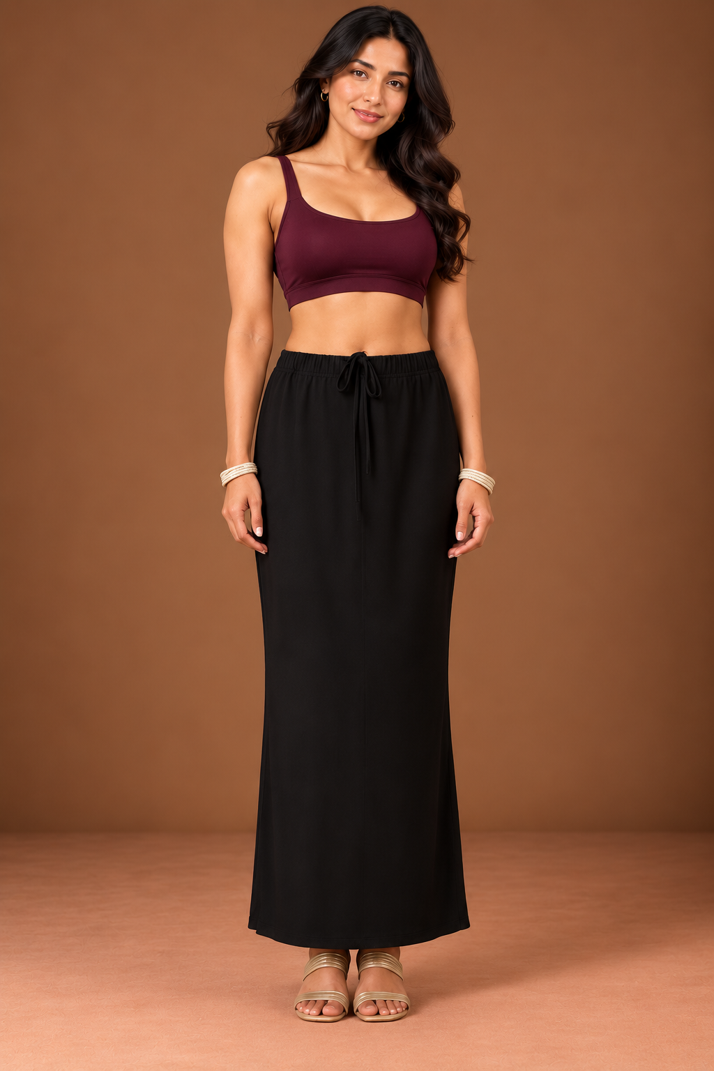 Black saree shapewear petticoat with drawstring waist